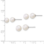 Sterling Silver Rhodium-plated 5-6mm/6-7mm/7-8mm Round White Freshwater Cultured Pearl Post Earring Set