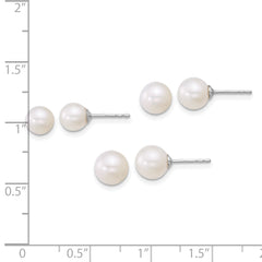 Sterling Silver Rhodium-plated 5-6mm/6-7mm/7-8mm Round White Freshwater Cultured Pearl Post Earring Set