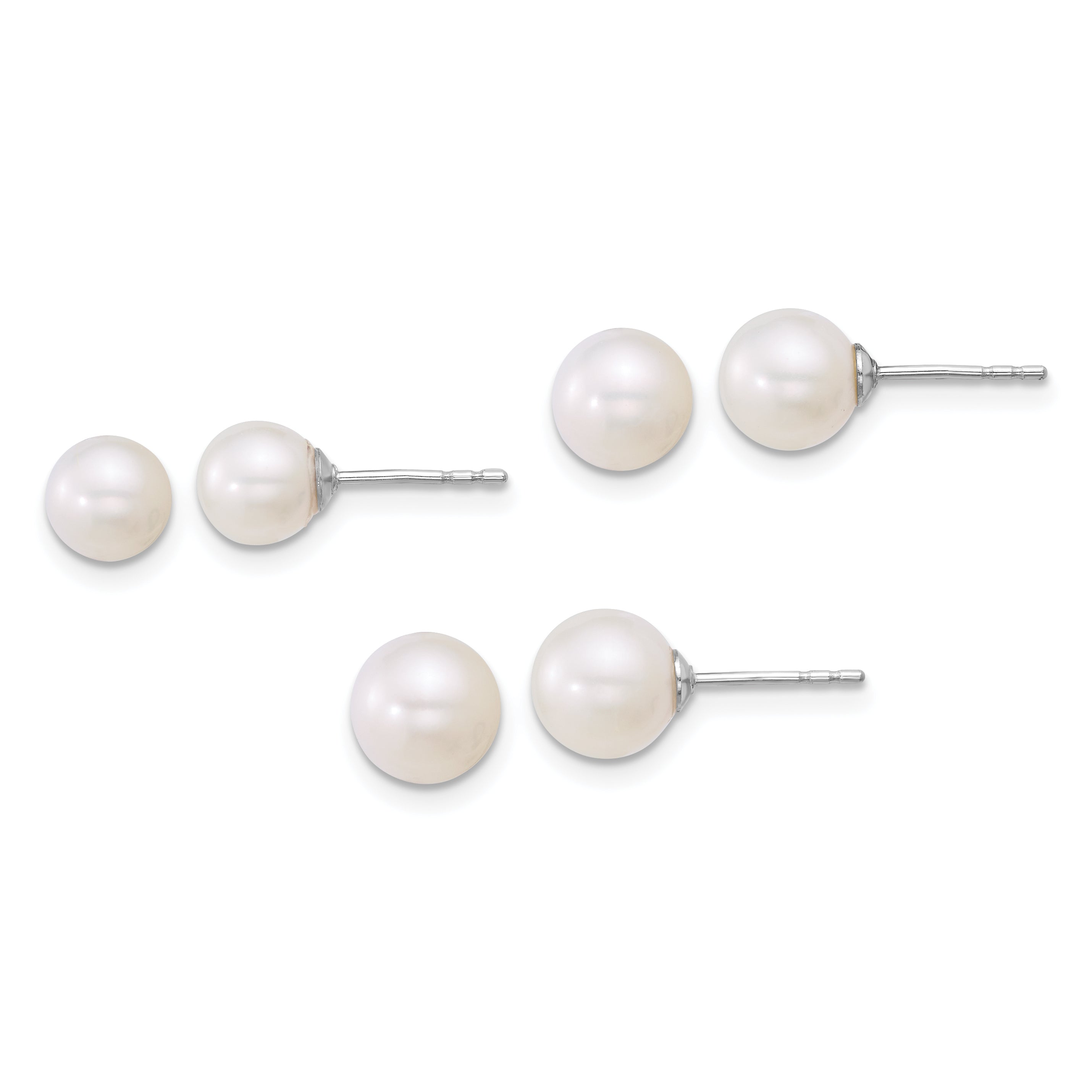 Sterling Silver Rhodium-plated 5-6mm/6-7mm/7-8mm Round White Freshwater Cultured Pearl Post Earring Set Main image