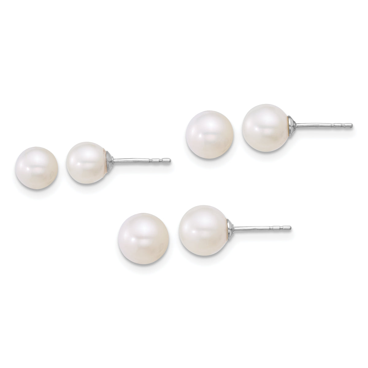 Sterling Silver Rhodium-plated 5-6mm/6-7mm/7-8mm Round White Freshwater Cultured Pearl Post Earring Set