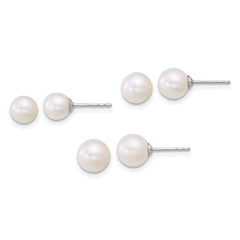 Sterling Silver Rhodium-plated 5-6mm/6-7mm/7-8mm Round White Freshwater Cultured Pearl Post Earring Set