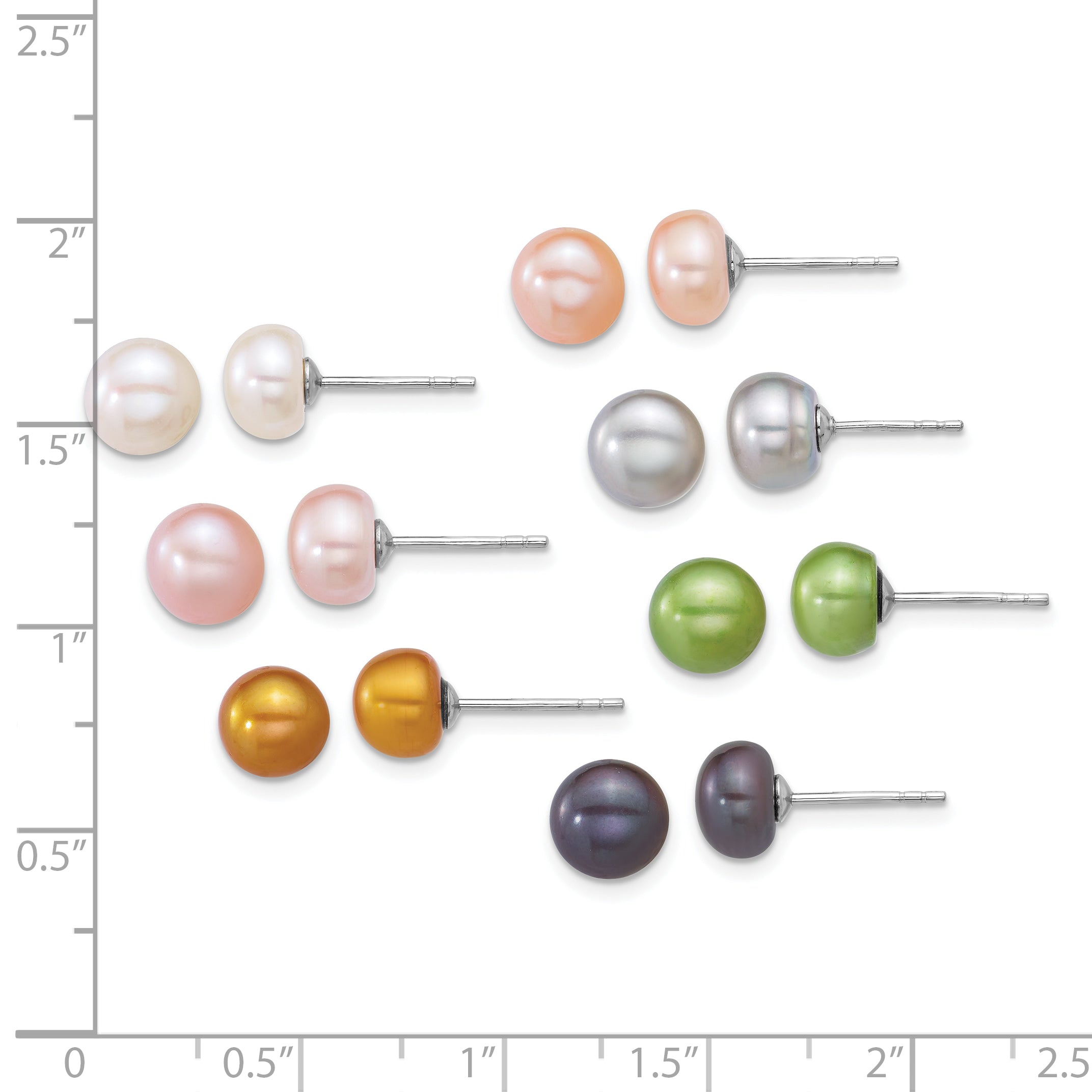 Sterling Silver Rhodium-plated 7-8mm Button White/Pink/Yellow/Peach/Grey/Green/Black Freshwater Cultured Pearl 7-Pair Boxed Post Earring Set