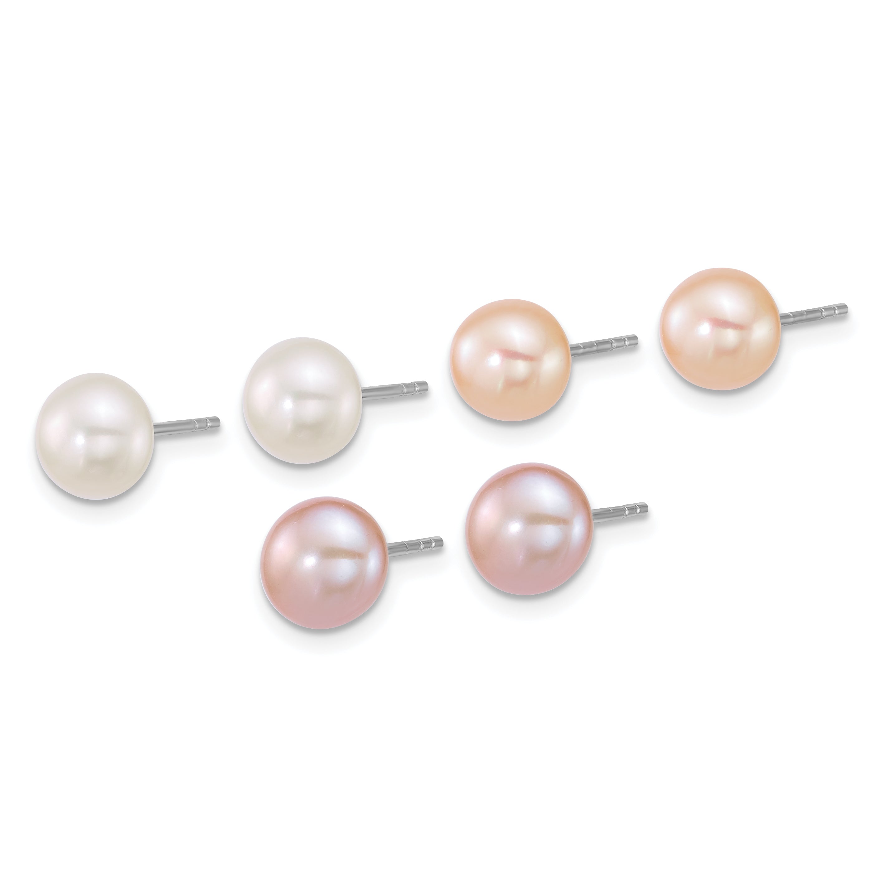 Sterling Silver Rhodium-plated 7-8mm Button White/Pink/Peach Freshwater Cultured Pearl 3-Pair Boxed Post Earring Set Secondary image