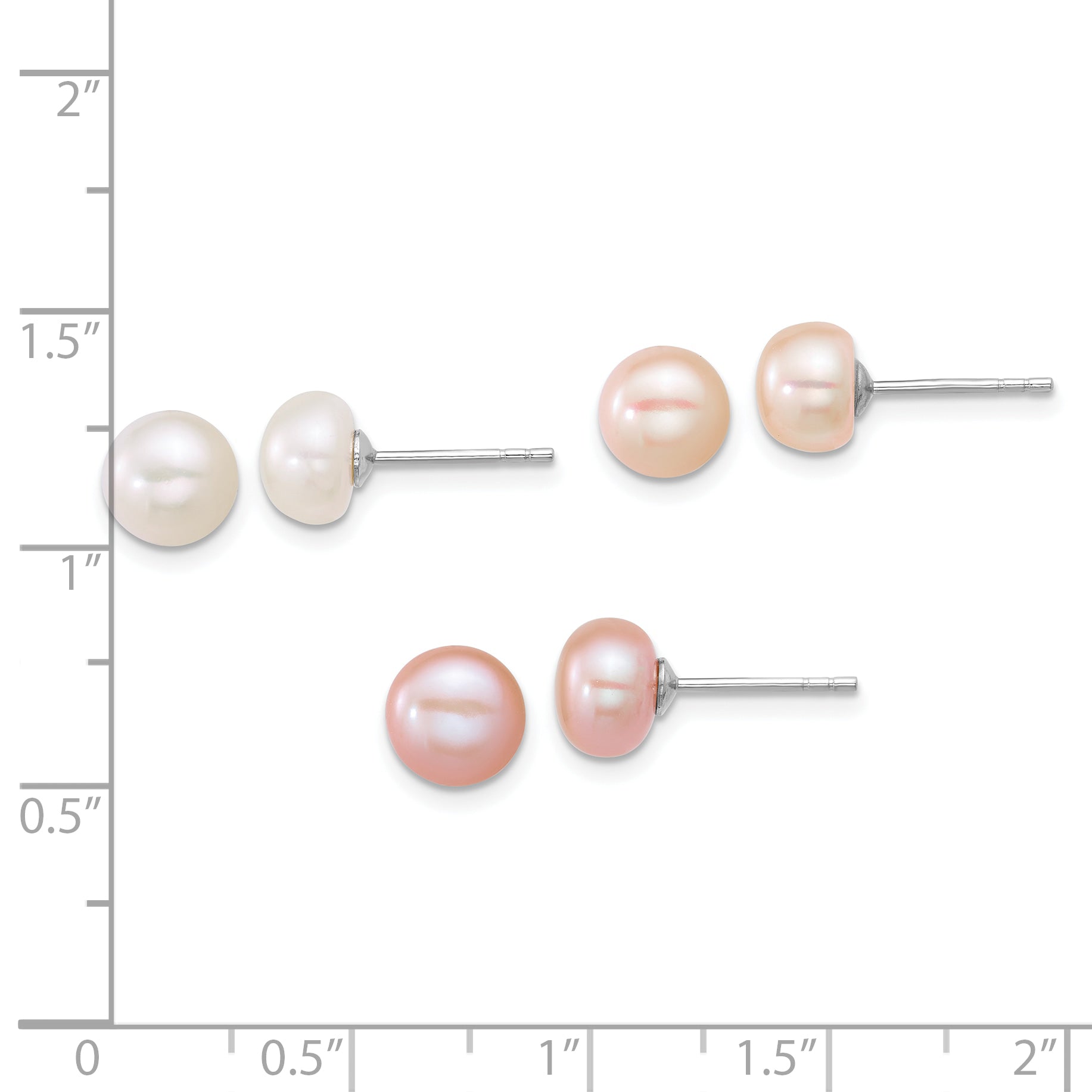Sterling Silver Rhodium-plated 7-8mm Button White/Pink/Peach Freshwater Cultured Pearl 3-Pair Boxed Post Earring Set