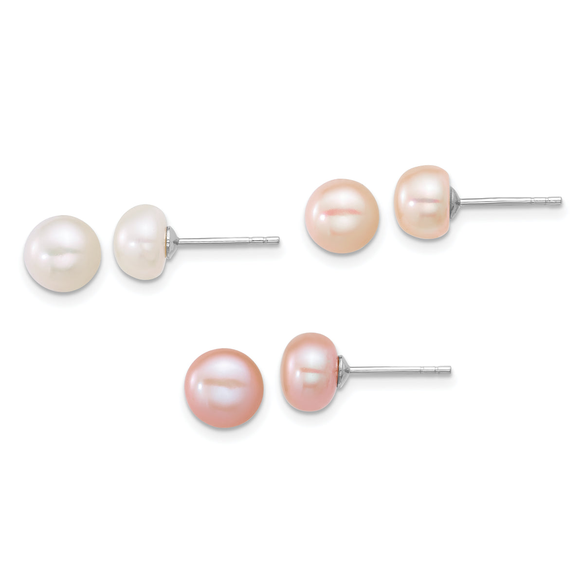 Sterling Silver Rhodium-plated 7-8mm Button White/Pink/Peach Freshwater Cultured Pearl 3-Pair Boxed Post Earring Set