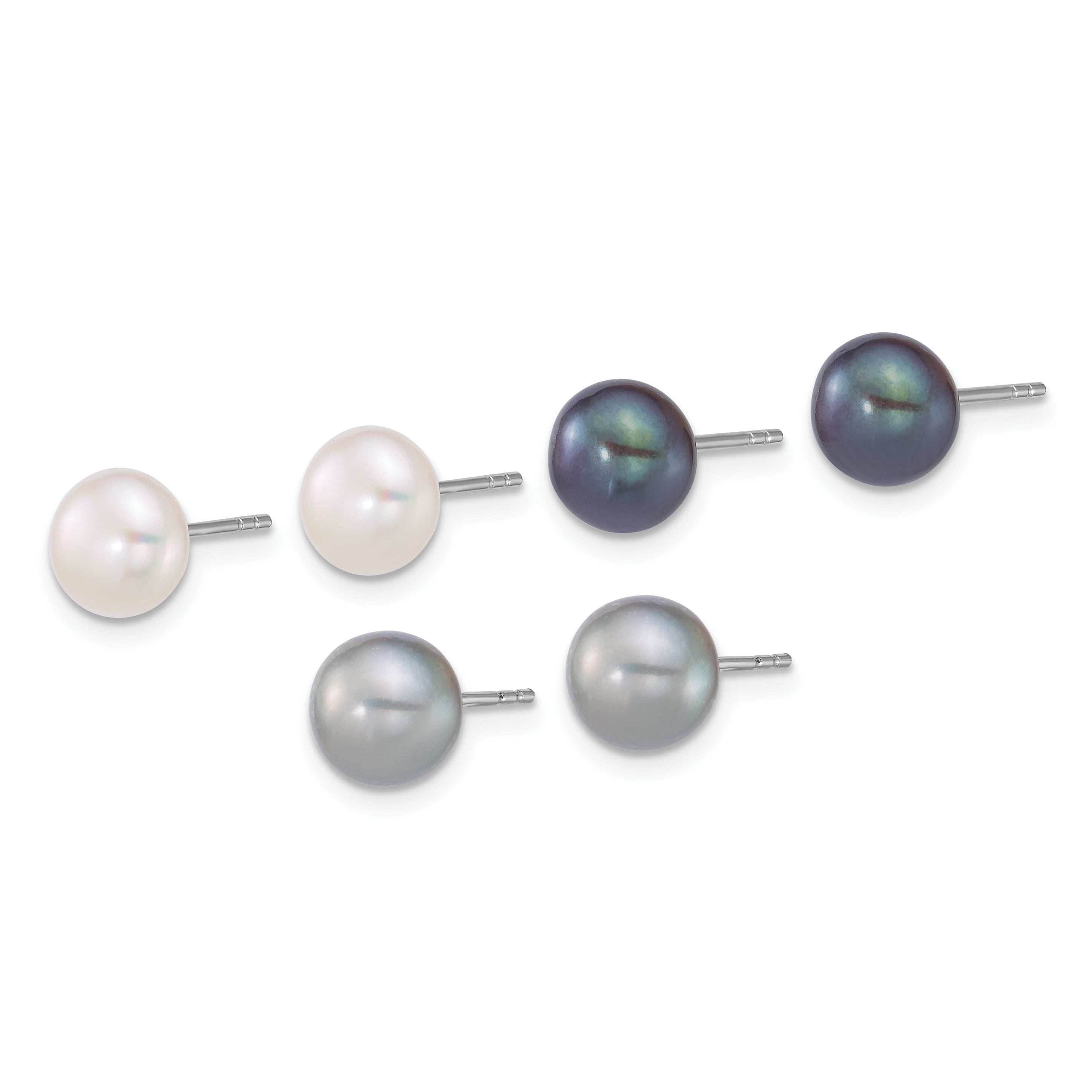 Sterling Silver Rhodium-plated 7-8mm Button White/Grey/Black Freshwater Cultured Pearl 3-Pair Boxed Post Earring Set Secondary image