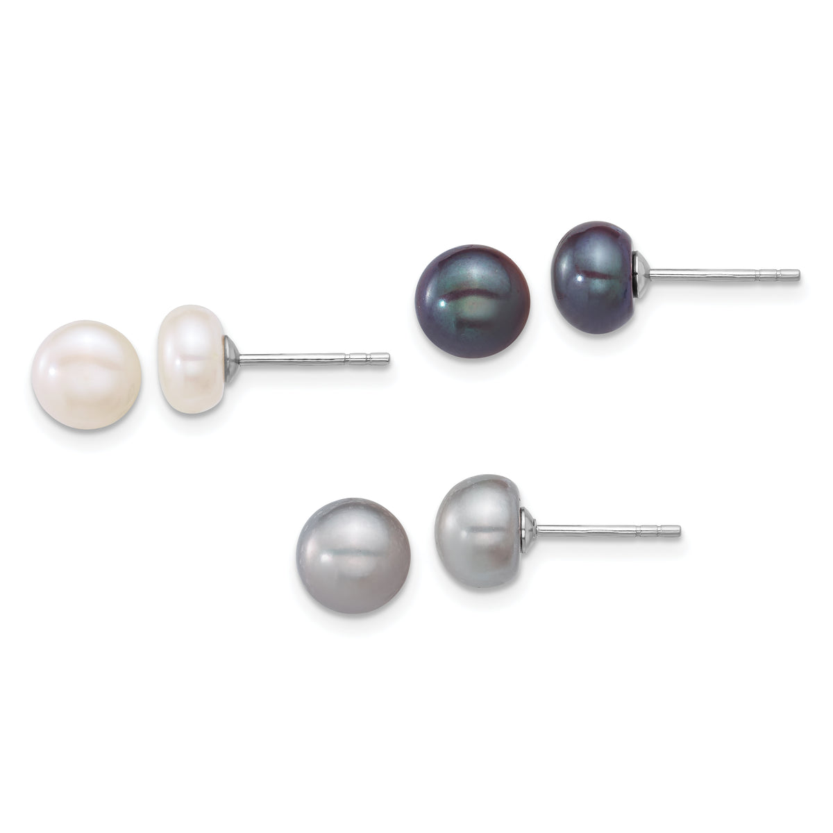 Sterling Silver Rhodium-plated 7-8mm Button White/Grey/Black Freshwater Cultured Pearl 3-Pair Boxed Post Earring Set