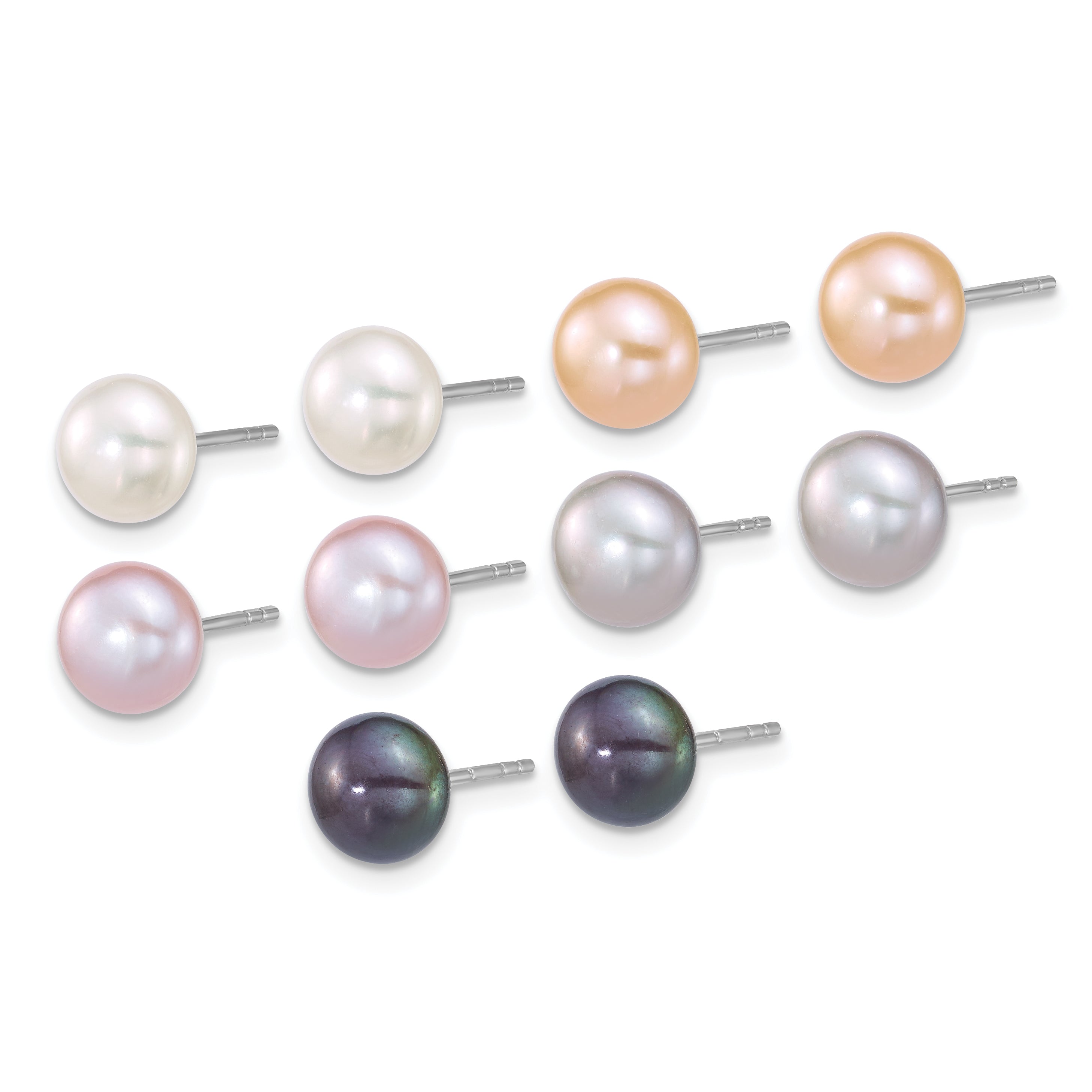 Sterling Silver Rhodium-plated 7-8mm Button White/Pink/Peach/Grey/Black Freshwater Cultured Pearl 5-Pair Boxed Earring Set Secondary image