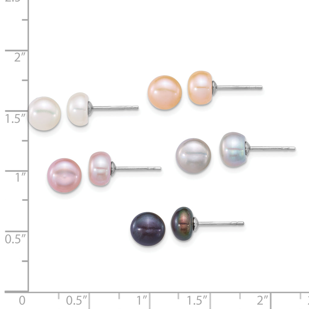 Sterling Silver Rhodium-plated 7-8mm Button White/Pink/Peach/Grey/Black Freshwater Cultured Pearl 5-Pair Boxed Earring Set