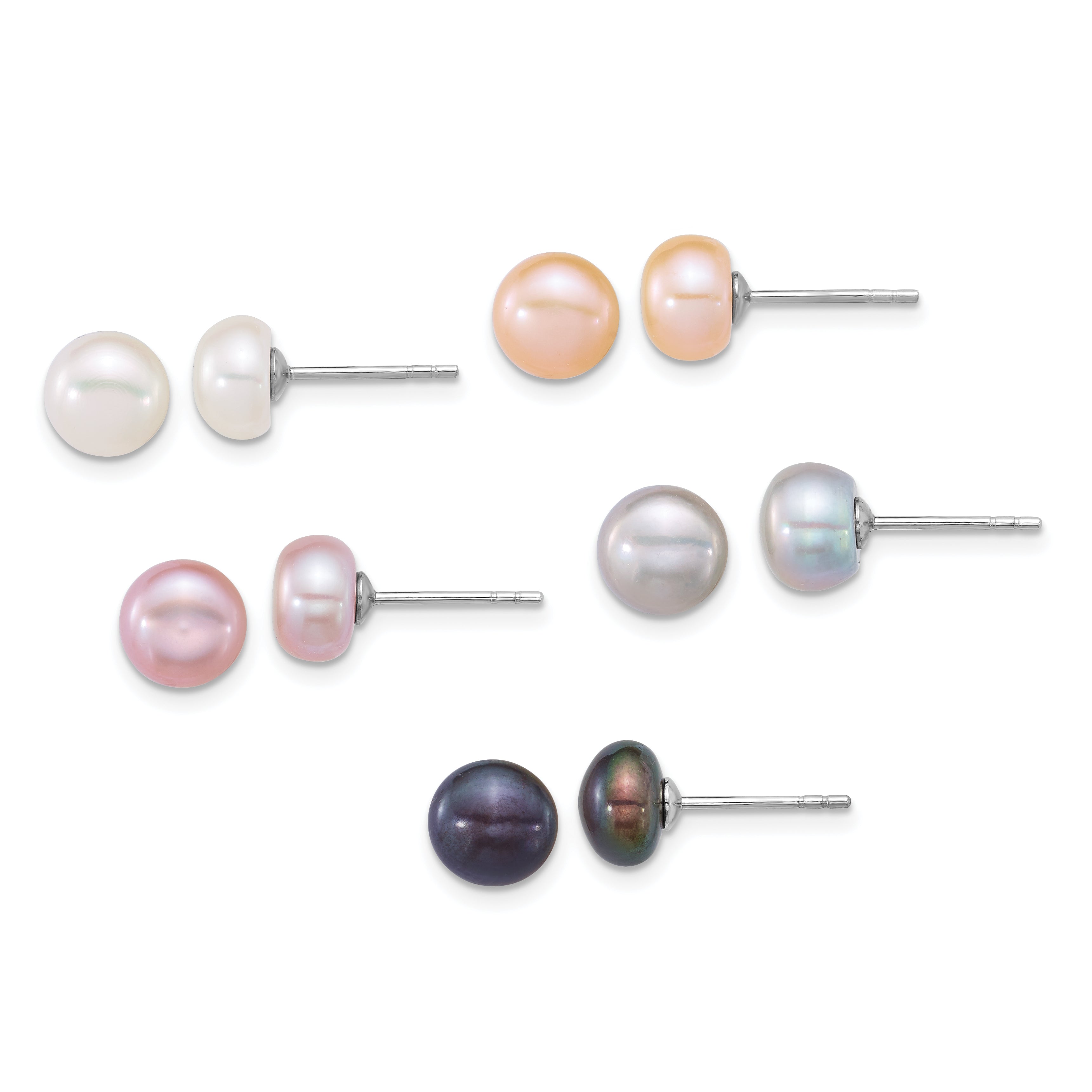 Sterling Silver Rhodium-plated 7-8mm Button White/Pink/Peach/Grey/Black Freshwater Cultured Pearl 5-Pair Boxed Earring Set Main image