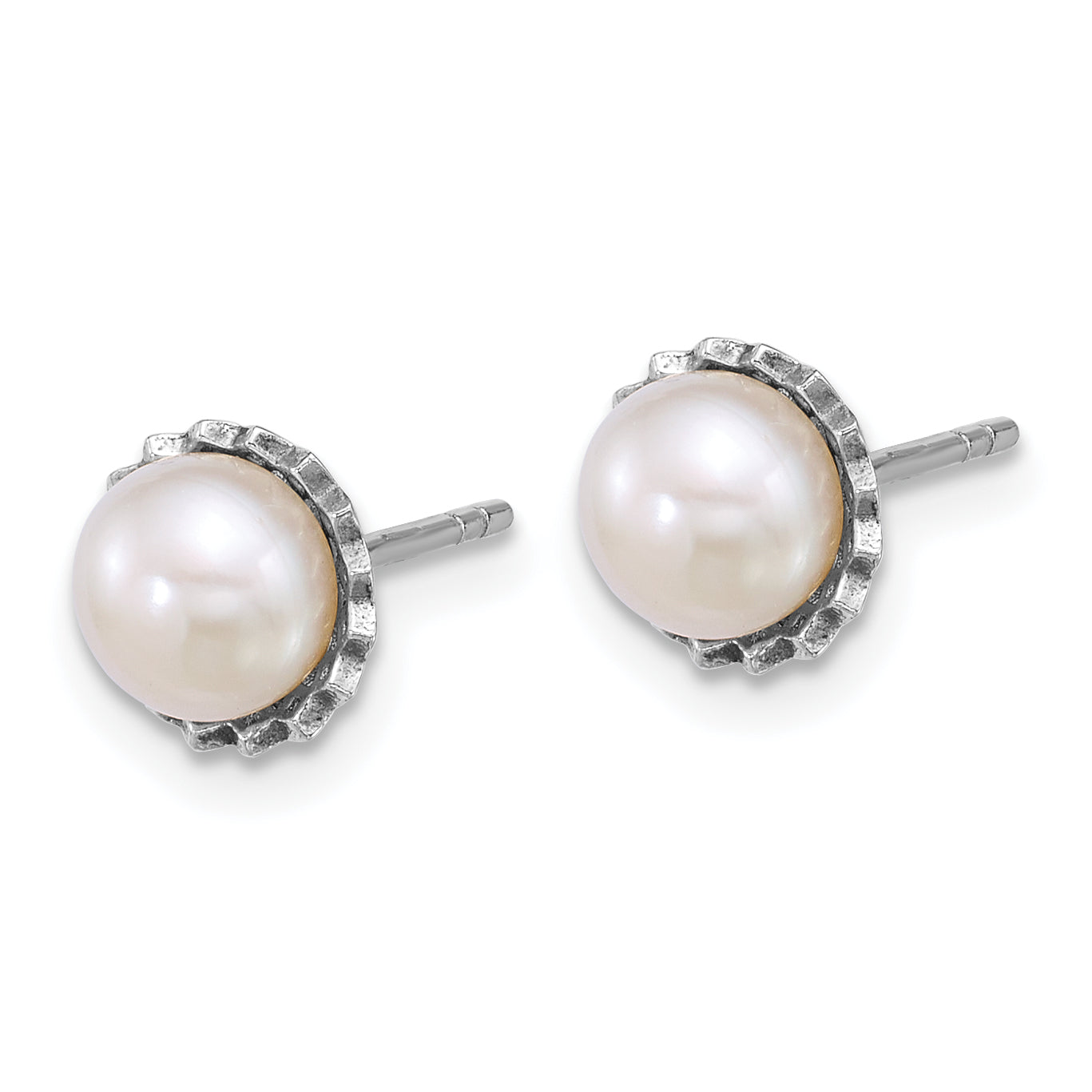 Sterling Silver Rhodium-plated 6-7mm Button White Freshwater Cultured Pearl Zig-Zag Edge Post Earrings Secondary image