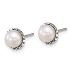 Sterling Silver Rhodium-plated 6-7mm Button White Freshwater Cultured Pearl Zig-Zag Edge Post Earrings