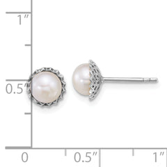 Sterling Silver Rhodium-plated 6-7mm Button White Freshwater Cultured Pearl Zig-Zag Edge Post Earrings