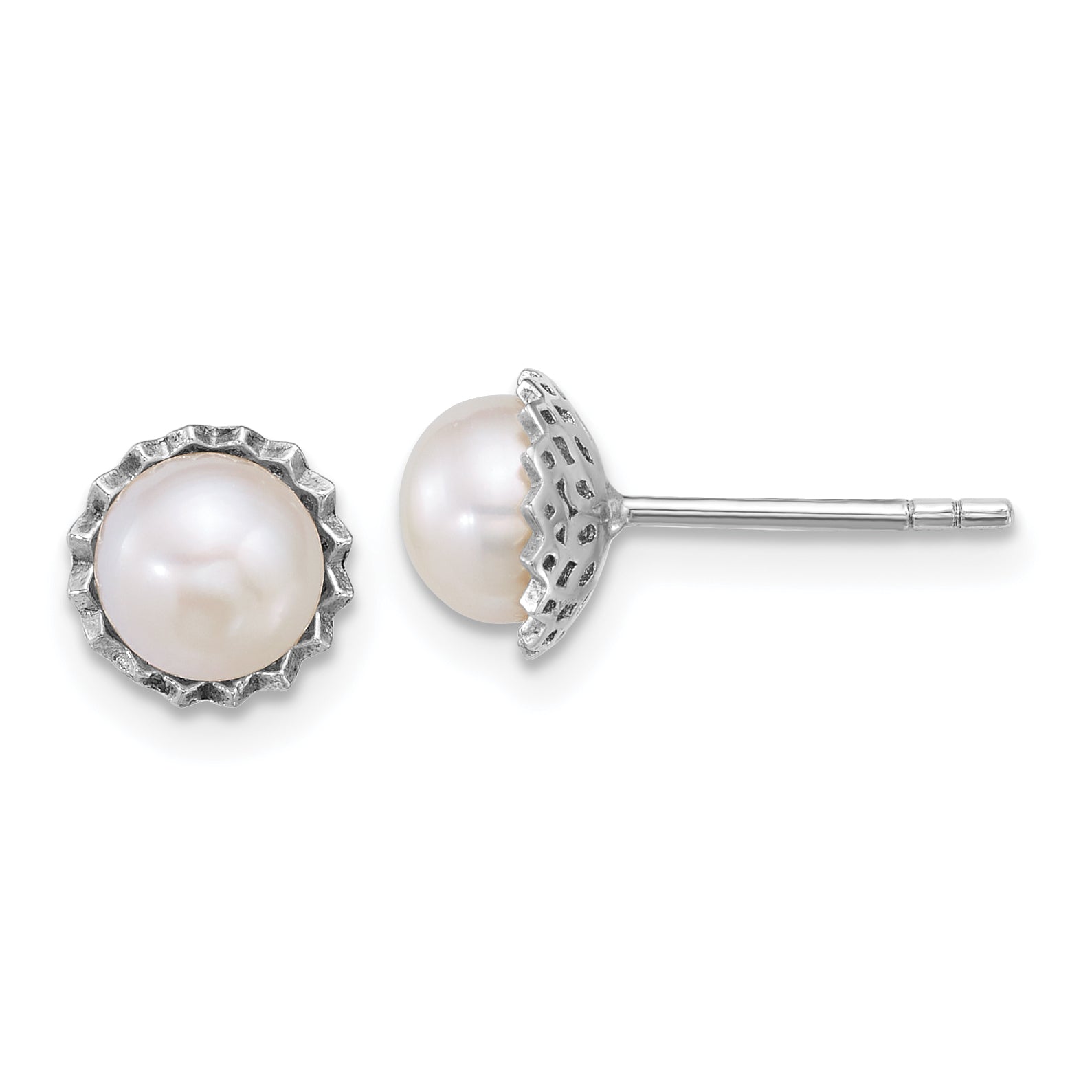Sterling Silver Rhodium-plated 6-7mm Button White Freshwater Cultured Pearl Zig-Zag Edge Post Earrings Main image