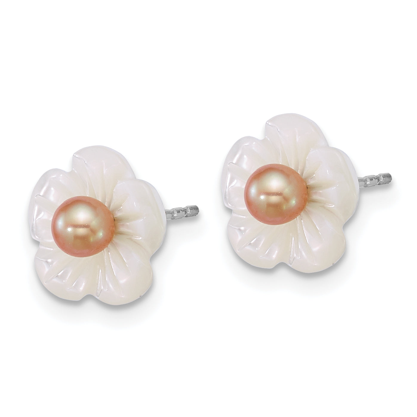 Sterling Silver Rhodium-plated 3-4mm Pink Round Freshwater Cultured Pearl and White Mother of Pearl Flower Post Earrings Secondary image