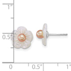 Sterling Silver Rhodium-plated 3-4mm Pink Round Freshwater Cultured Pearl and White Mother of Pearl Flower Post Earrings