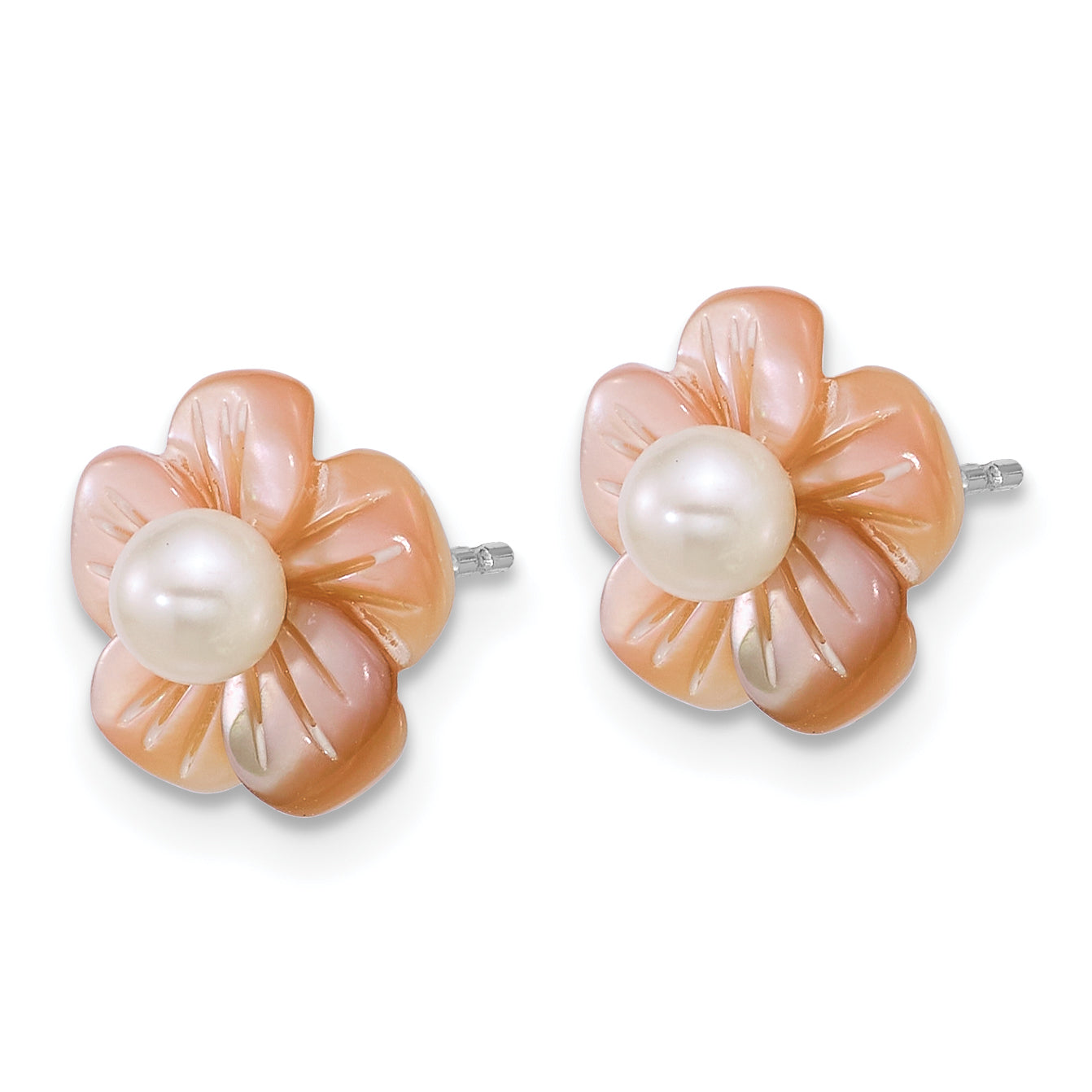 Sterling Silver Rhodium-plated 3-4mm White Round Freshwater Cultured Pearl and Pink Mother of Pearl Flower Post Earrings Secondary image