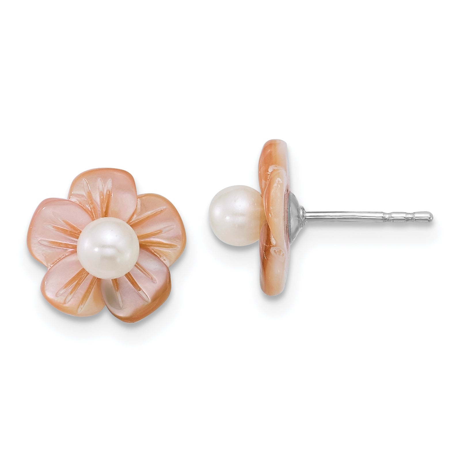 Sterling Silver Rhodium-plated 3-4mm White Round Freshwater Cultured Pearl and Pink Mother of Pearl Flower Post Earrings Main image