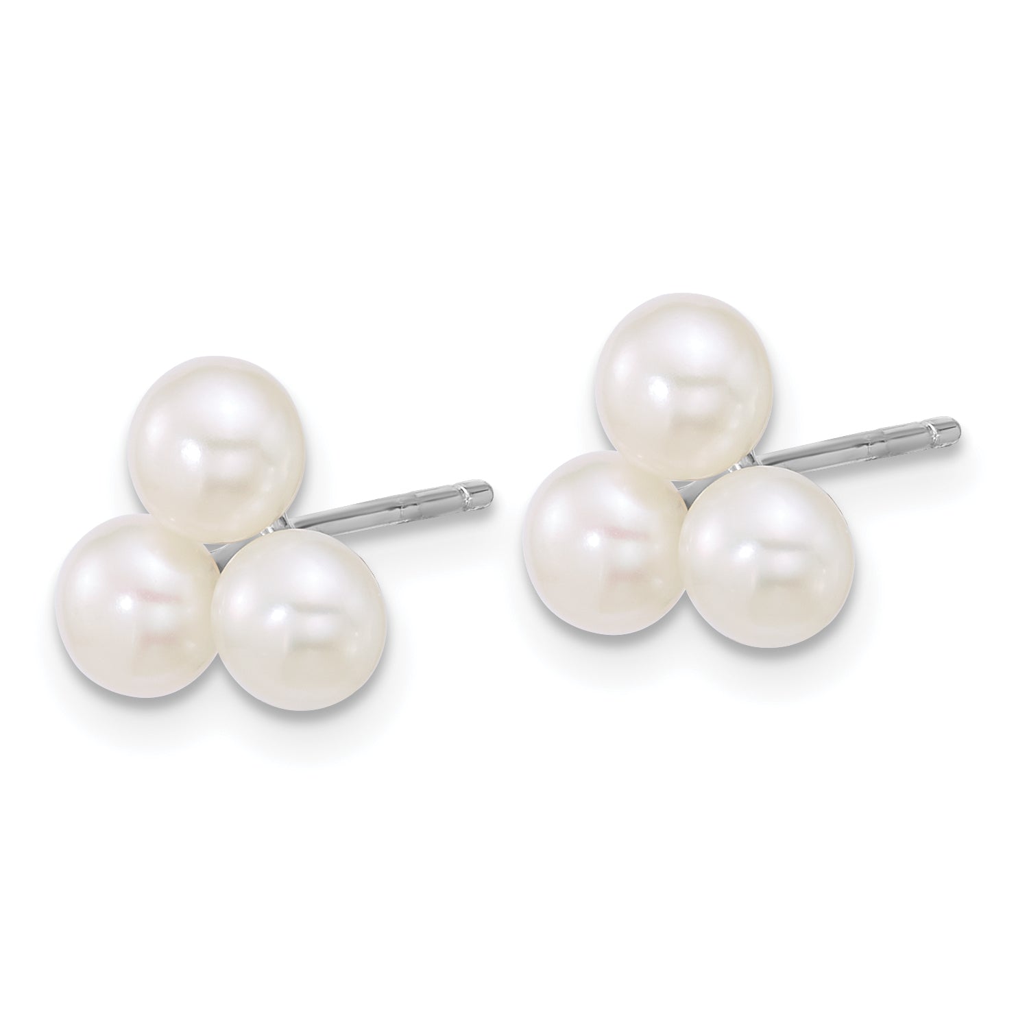 Sterling Silver Rhodium-plated 5-6mm Button White Freshwater Cultured 3-Pearl Post Earrings Secondary image