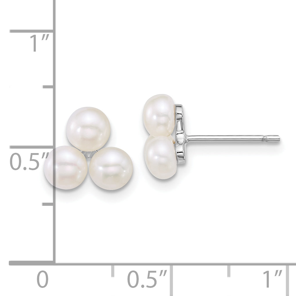 Sterling Silver Rhodium-plated 5-6mm Button White Freshwater Cultured 3-Pearl Post Earrings