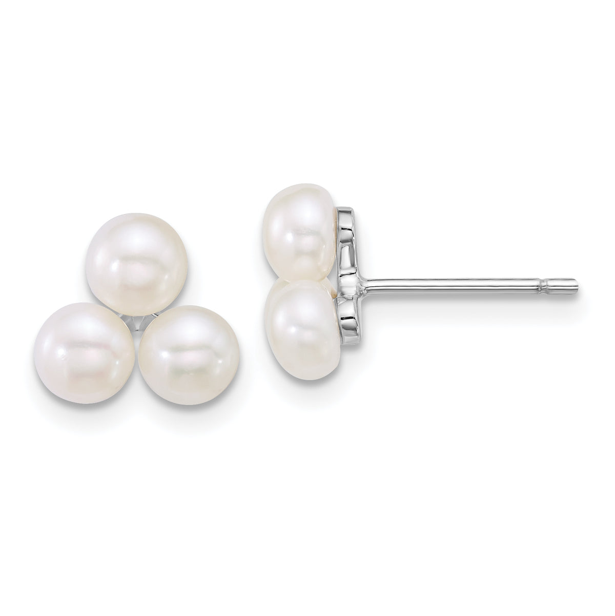 Sterling Silver Rhodium-plated 5-6mm Button White Freshwater Cultured 3-Pearl Post Earrings