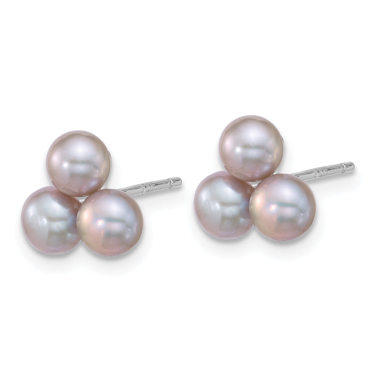 Sterling Silver Rhodium-plated 5-6mm Button Grey Freshwater Cultured 3-Pearl Post Earrings Secondary image