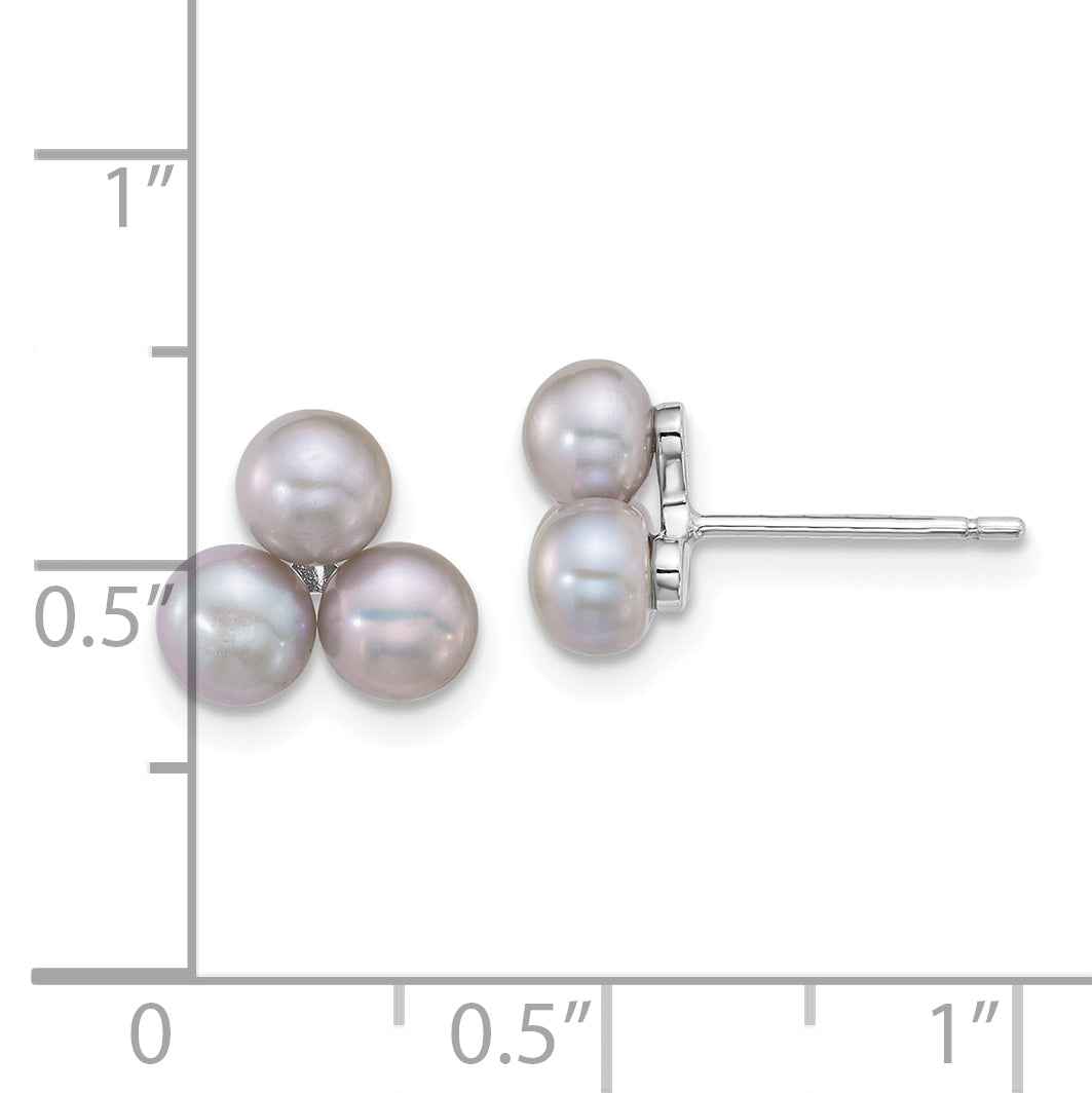 Sterling Silver Rhodium-plated 5-6mm Button Grey Freshwater Cultured 3-Pearl Post Earrings