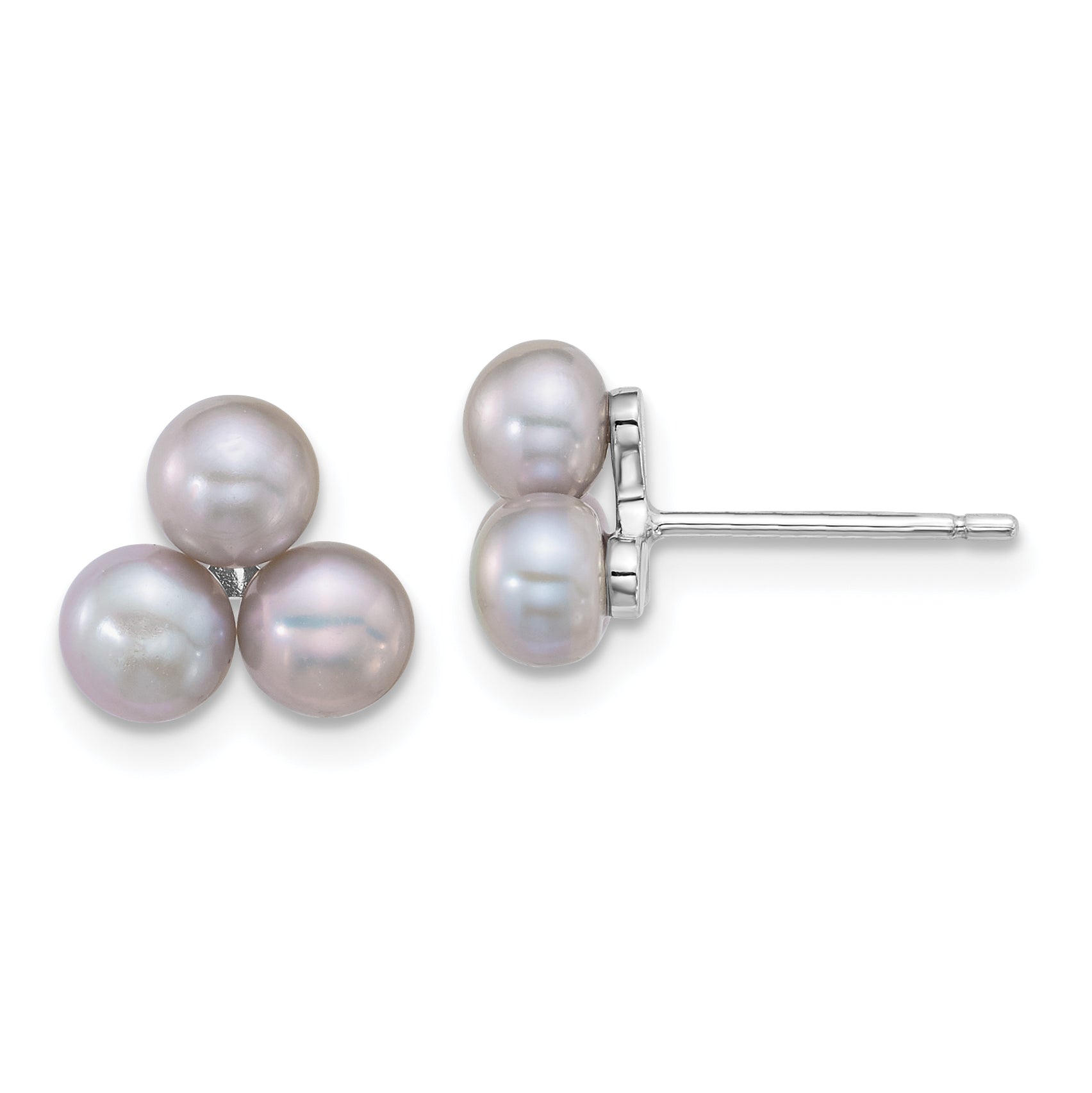 Sterling Silver Rhodium-plated 5-6mm Button Grey Freshwater Cultured 3-Pearl Post Earrings