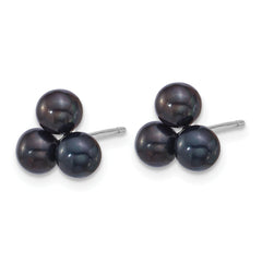 Sterling Silver Rhodium-plated 5-6mm Button Black Freshwater Cultured 3-Pearl Post Earrings