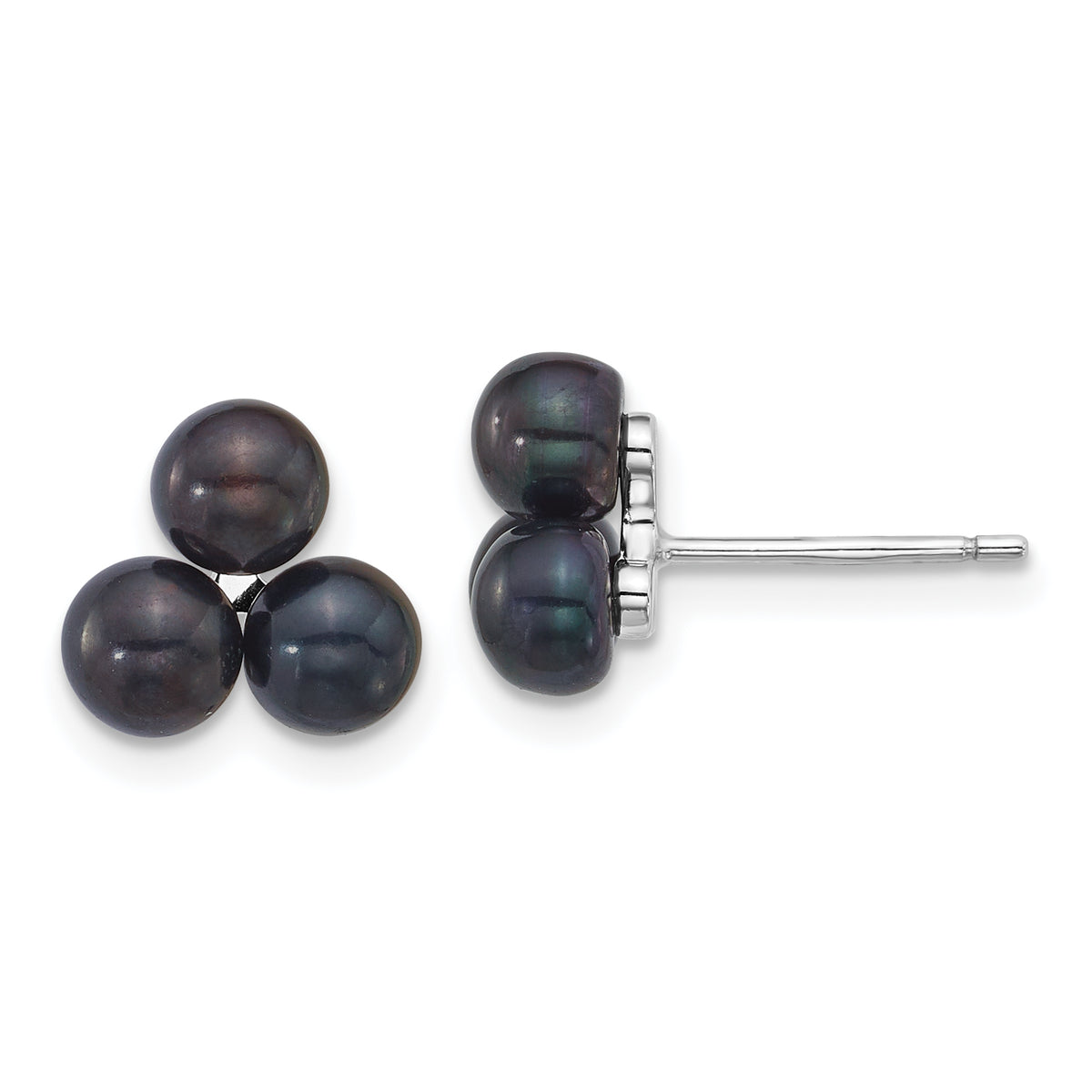 Sterling Silver Rhodium-plated 5-6mm Button Black Freshwater Cultured 3-Pearl Post Earrings