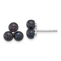Sterling Silver Rhodium-plated 5-6mm Button Black Freshwater Cultured 3-Pearl Post Earrings