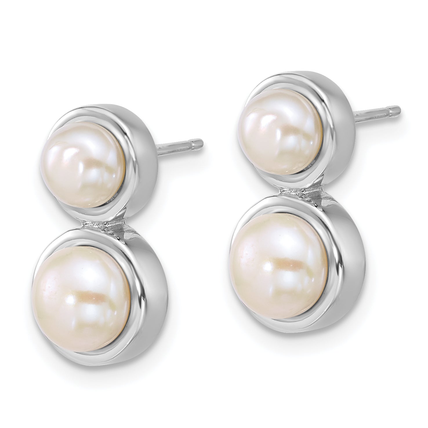 Sterling Silver Rhodium-plated 5-7mm Button White Freshwater Cultured 2-Pearl Post Earrings Secondary image