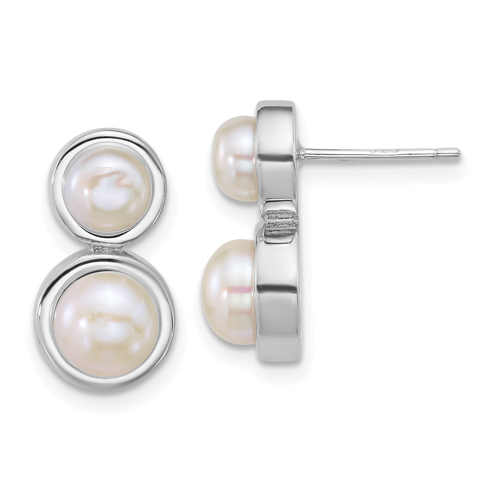 Sterling Silver Rhodium-plated 5-7mm Button White Freshwater Cultured 2-Pearl Post Earrings Main image