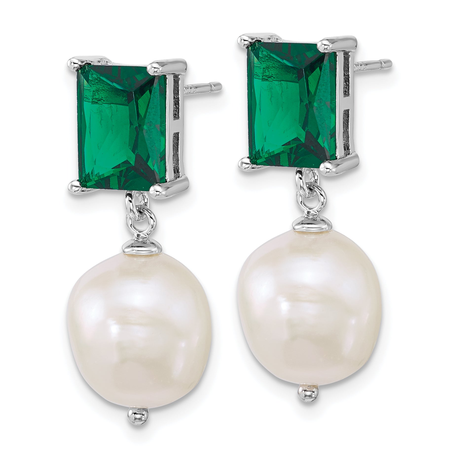 Sterling Silver Rhodium-plated 9-11mm Semi-Round White Freshwater Cultured Pearl and Emerald-cut Green CZ Dangle Post Earrings Secondary image