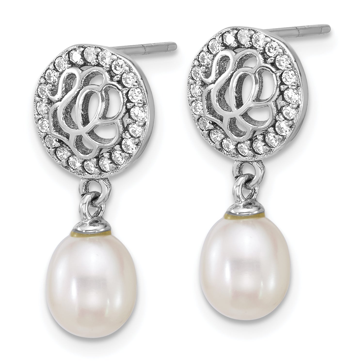 Sterling Silver Rhodium-plated 6-7mm Rice White Freshwater Cultured Pearl and CZ Dangle Post Earrings Secondary image