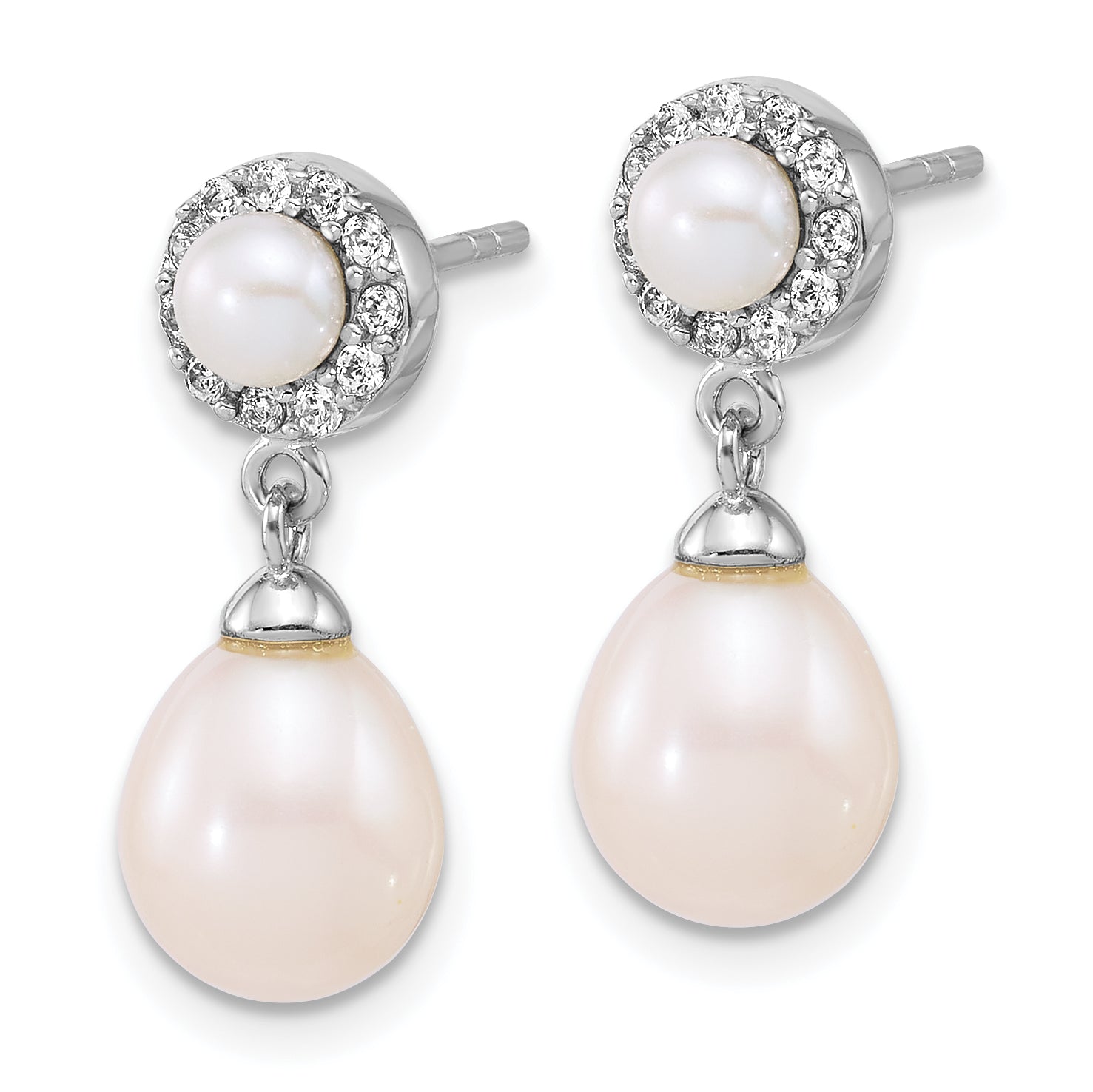 Sterling Silver Rhodium-plated 4-5mm Round and 6-8mm Teardrop Freshwater Cultured Pearl and CZ Halo Dangle Post Earrings Secondary image
