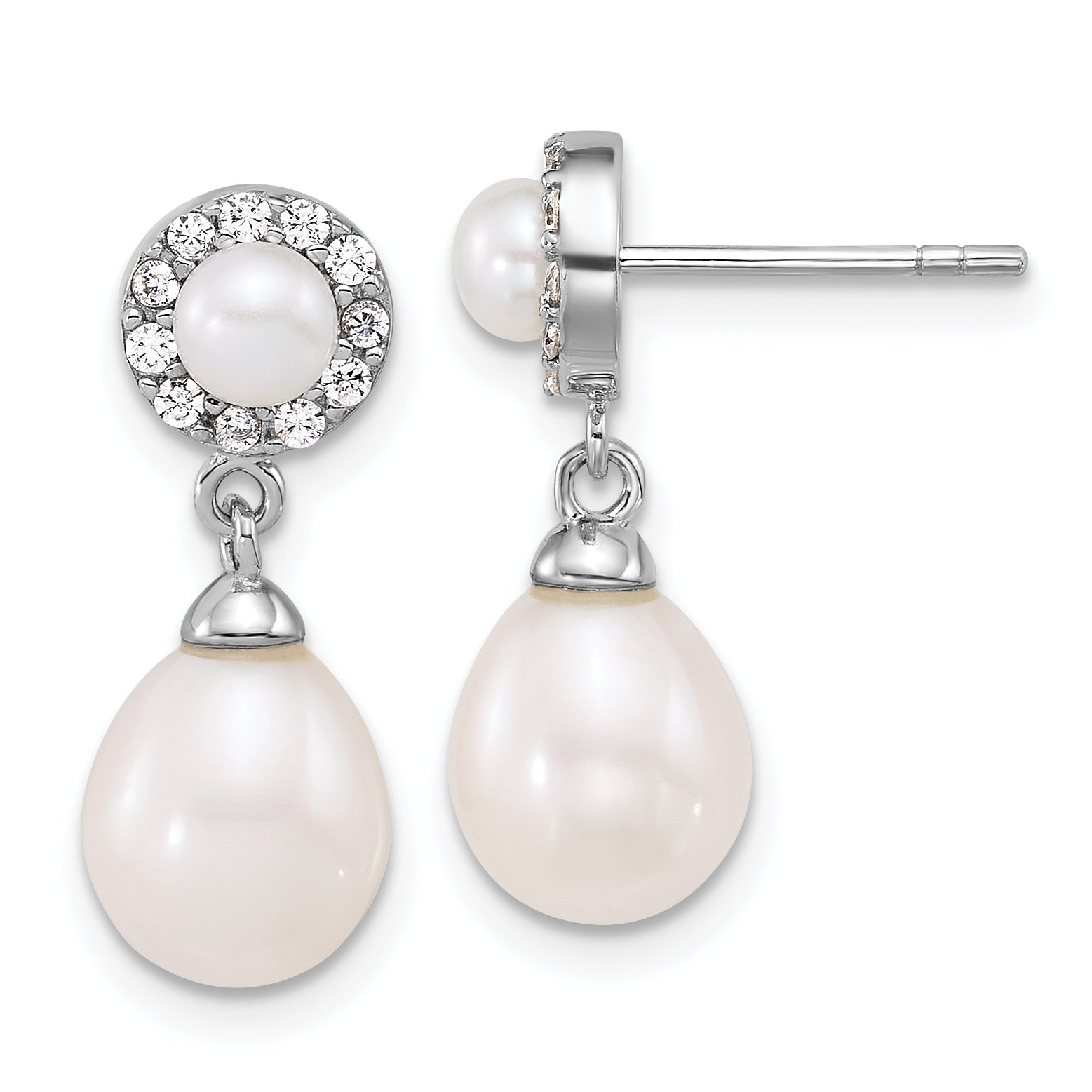Sterling Silver Rhodium-plated 4-5mm Round and 6-8mm Teardrop Freshwater Cultured Pearl and CZ Halo Dangle Post Earrings Main image