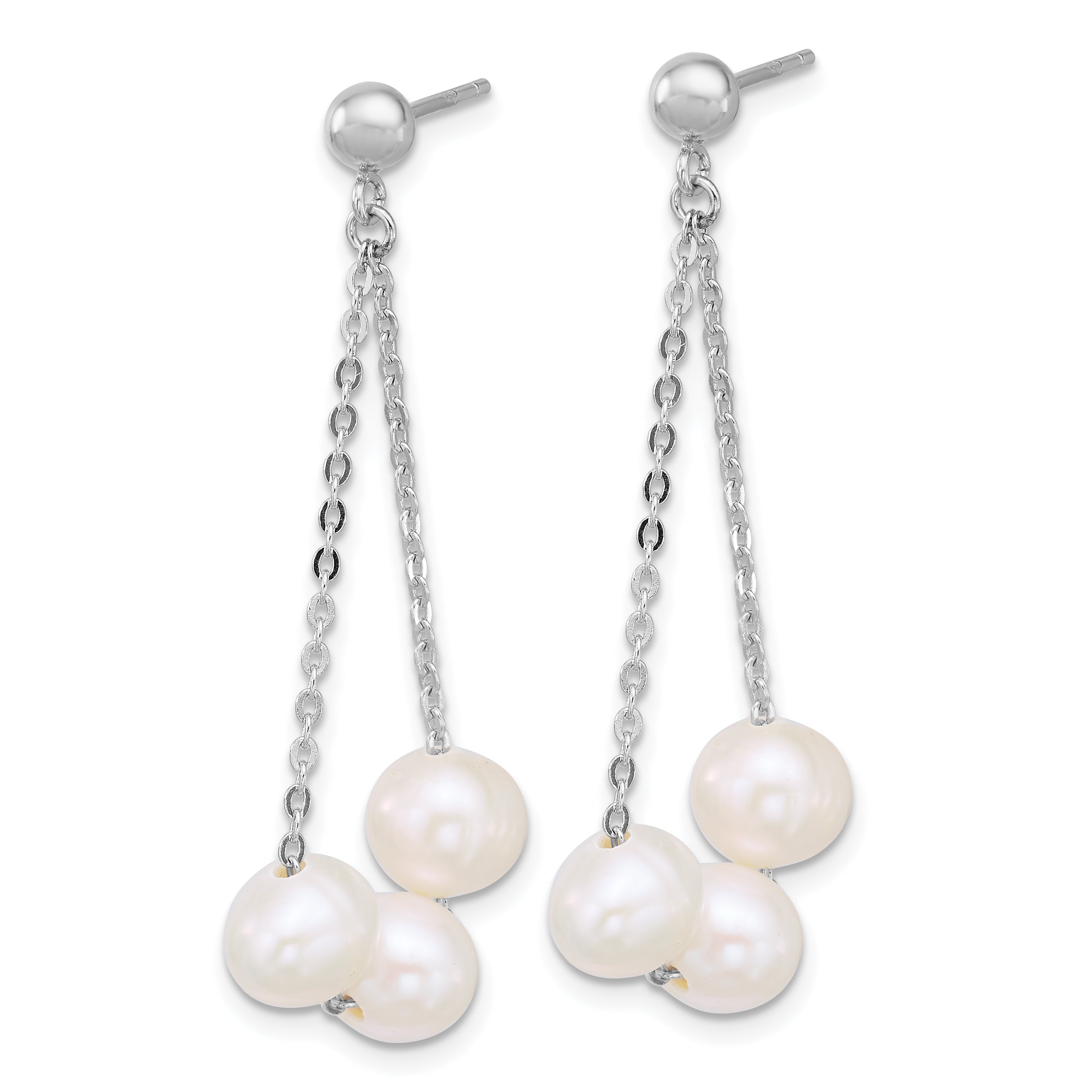 Sterling Silver Rhodium-plated 6-7mm Semi-Round White Freshwater Cultured 3-Pearl and Chain Dangle Post Earrings Secondary image