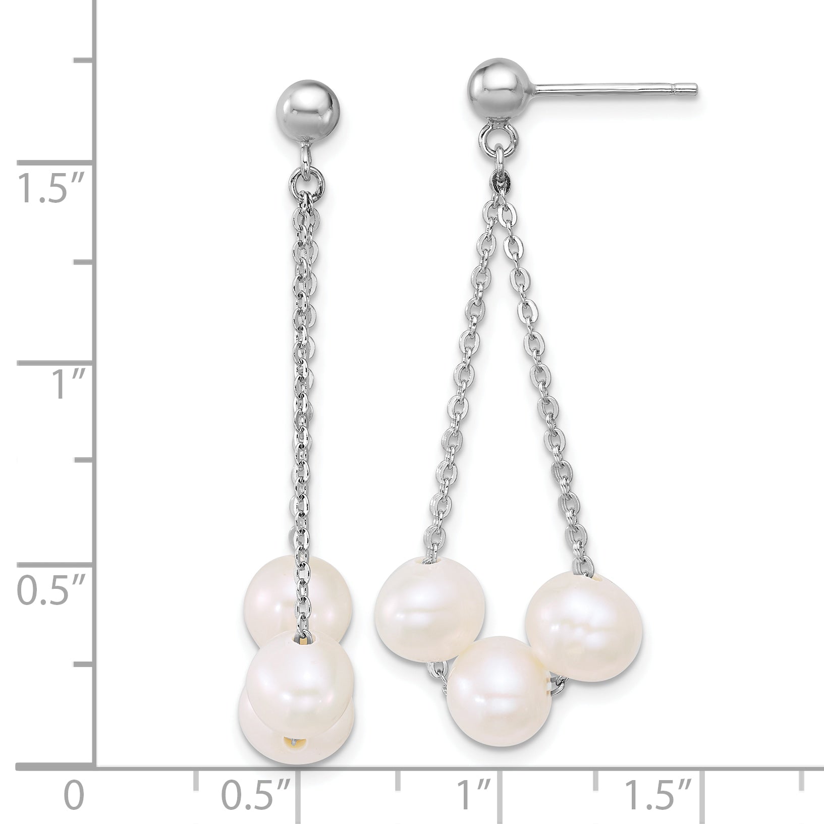 Sterling Silver Rhodium-plated 6-7mm Semi-Round White Freshwater Cultured 3-Pearl and Chain Dangle Post Earrings