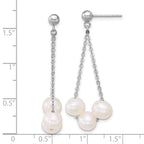 Sterling Silver Rhodium-plated 6-7mm Semi-Round White Freshwater Cultured 3-Pearl and Chain Dangle Post Earrings