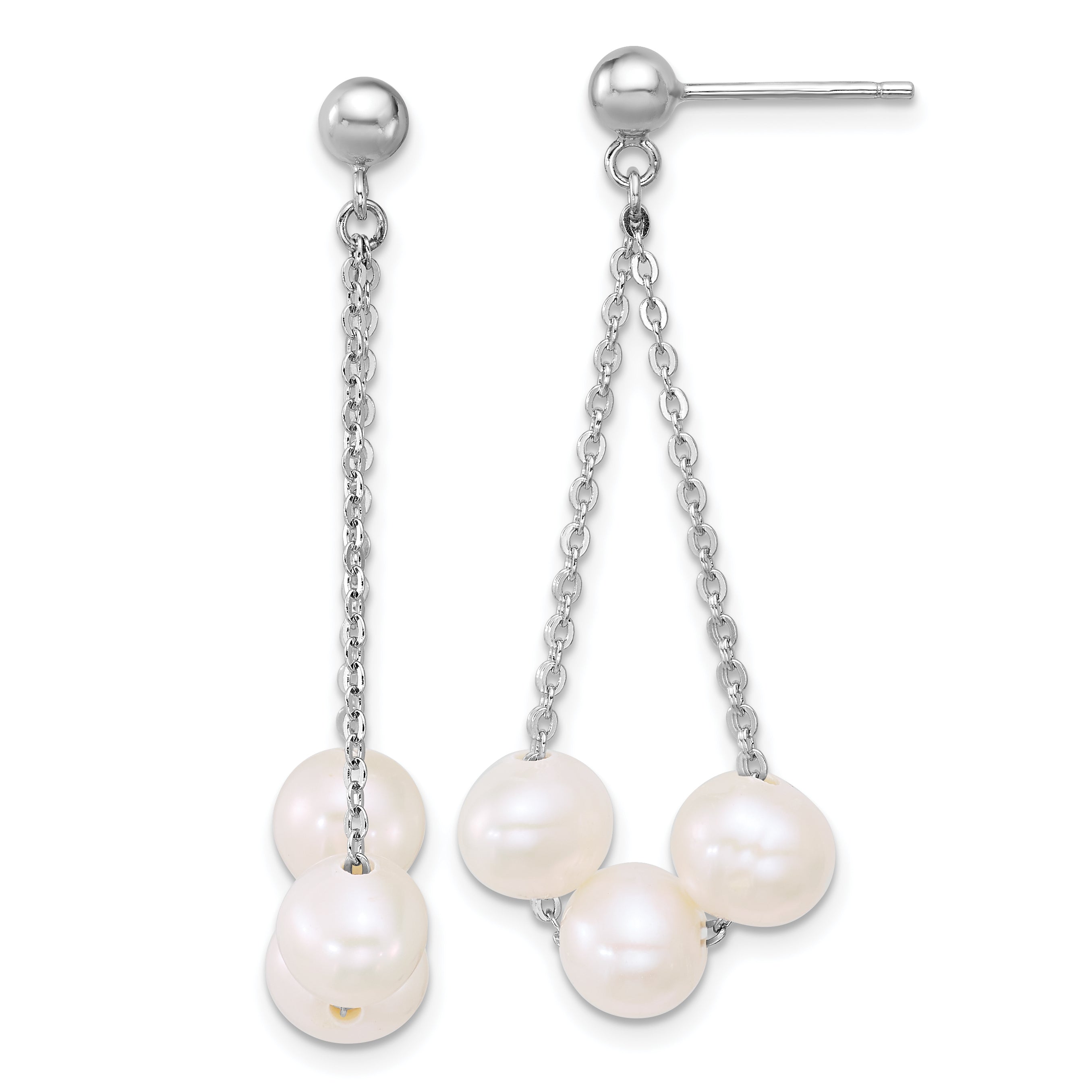 Sterling Silver Rhodium-plated 6-7mm Semi-Round White Freshwater Cultured 3-Pearl and Chain Dangle Post Earrings Main image