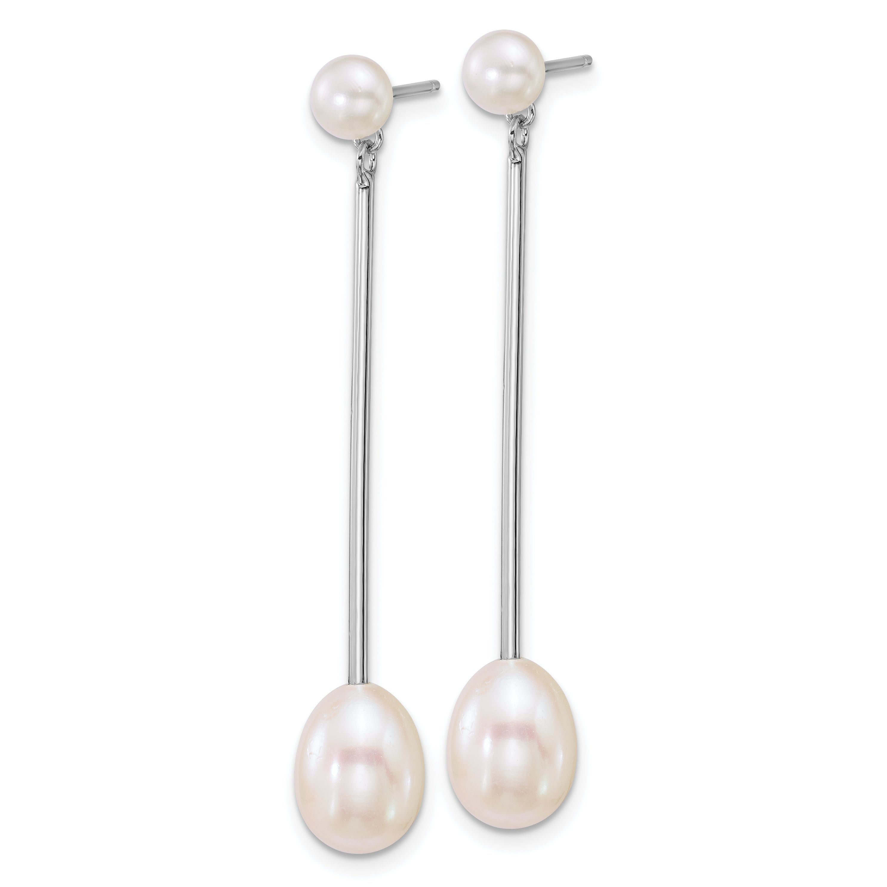 Sterling Silver Rhodium-plated 5-6mm Button and 7-8mm Teardrop White Freshwater Cultured Pearl and Bar Dangle Post Earrings Secondary image