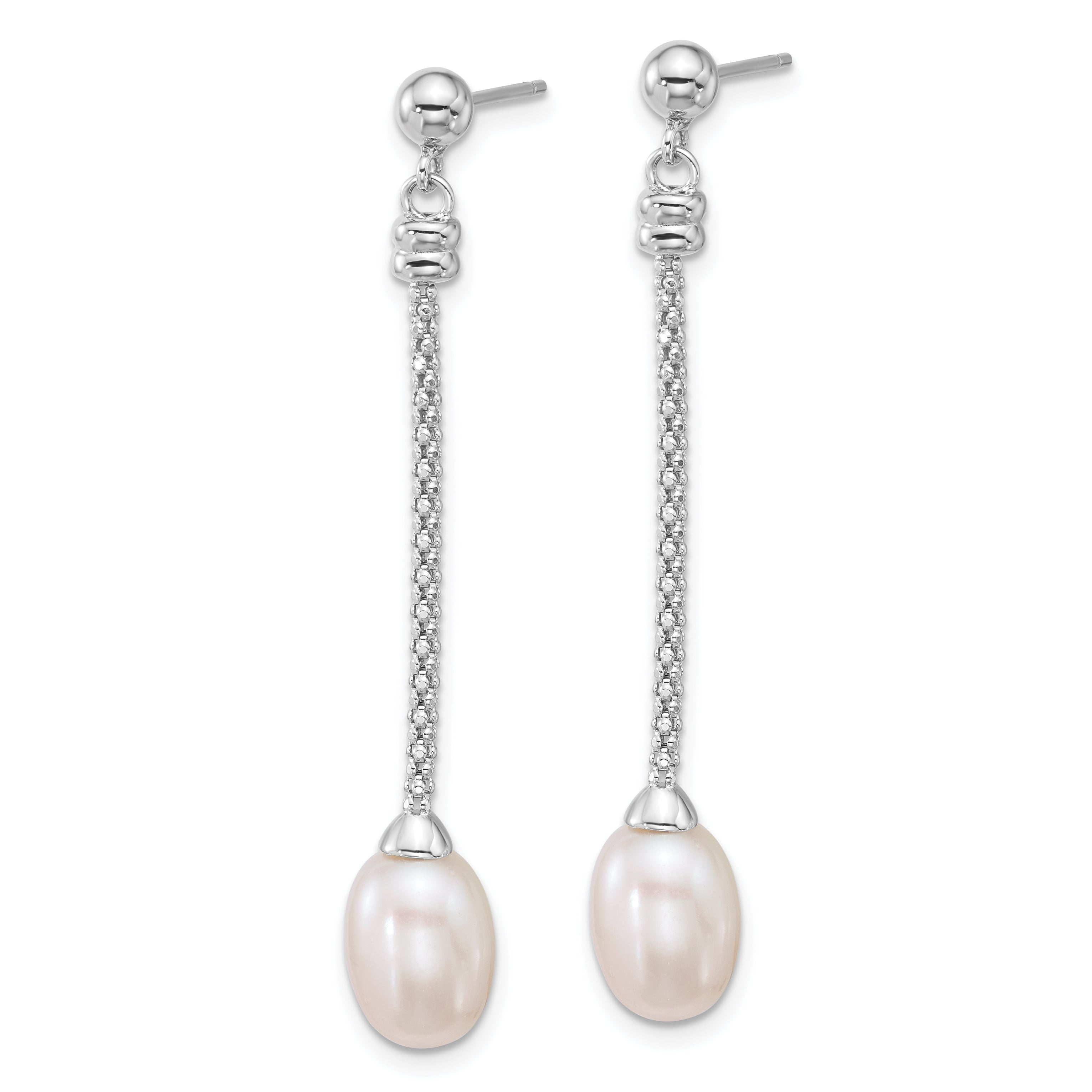 Sterling Silver Rhodium-plated 7-8mm Rice White Freshwater Cultured Pearl and Chain Dangle Post Earrings