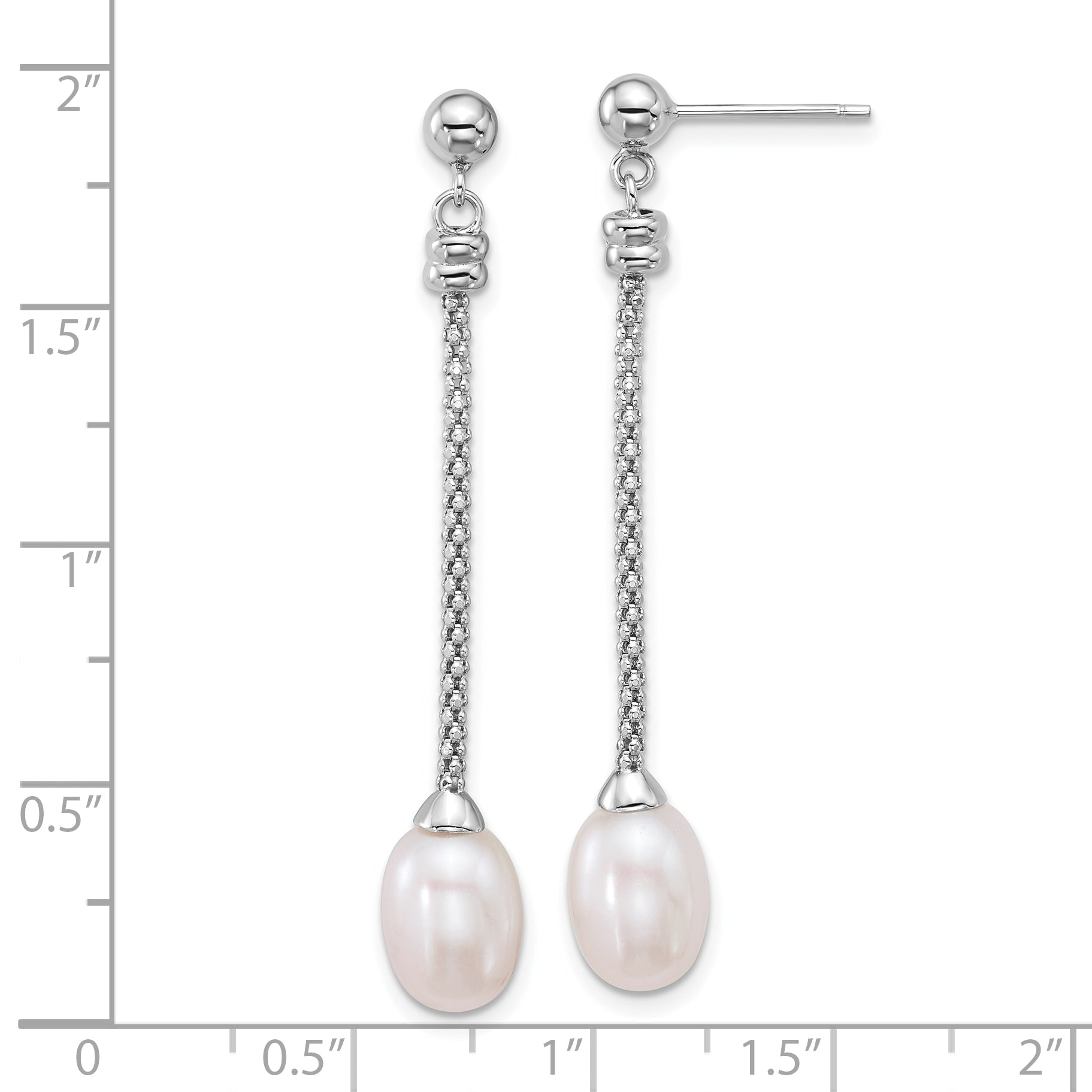 Sterling Silver Rhodium-plated 7-8mm Rice White Freshwater Cultured Pearl and Chain Dangle Post Earrings
