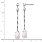 Sterling Silver Rhodium-plated 7-8mm Rice White Freshwater Cultured Pearl and Chain Dangle Post Earrings