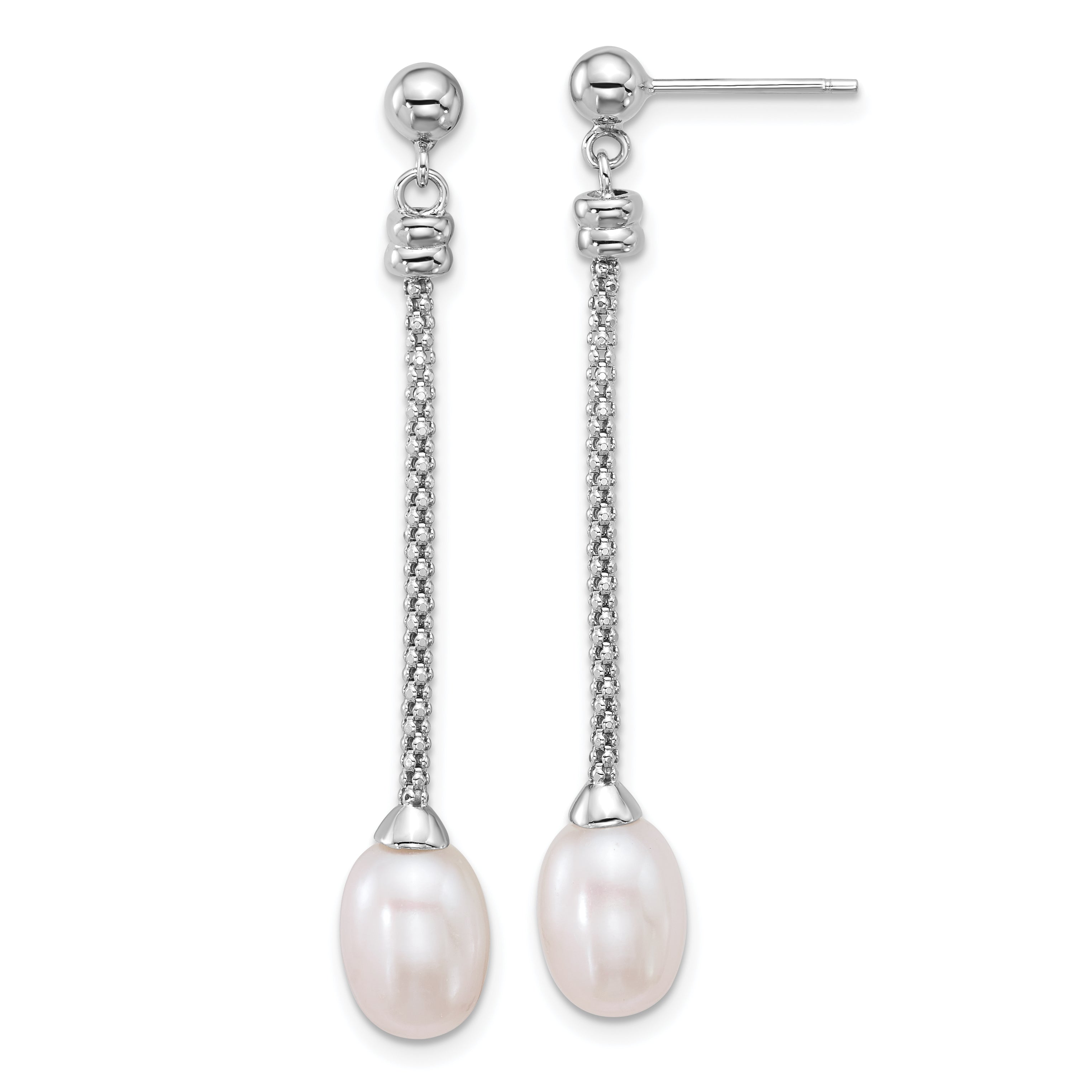 Sterling Silver Rhodium-plated 7-8mm Rice White Freshwater Cultured Pearl and Chain Dangle Post Earrings Main image