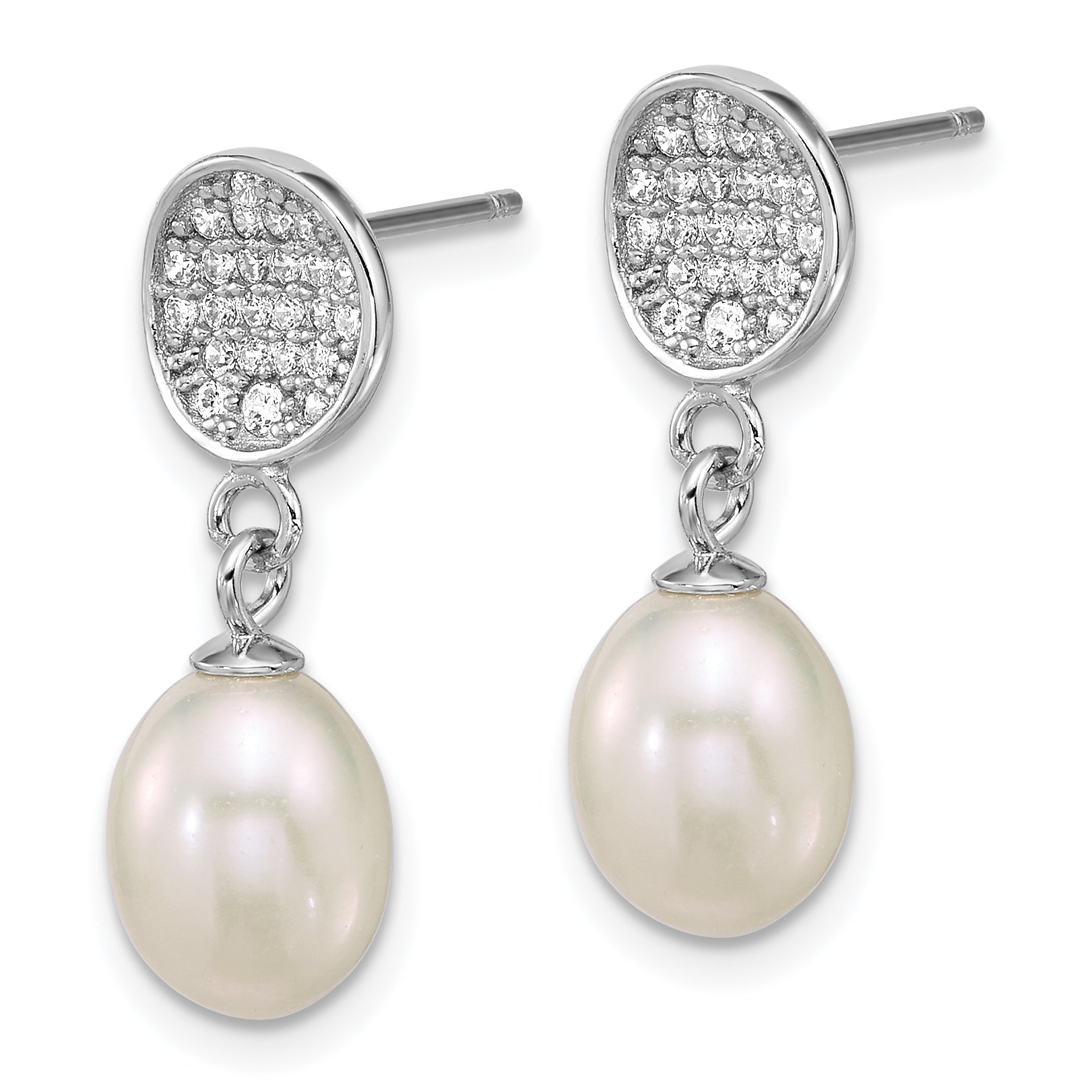 Sterling Silver Rhodium-plated 6-8mm Teardrop White Freshwater Cultured Pearl and Pave CZ Dangle Post Earrings Secondary image