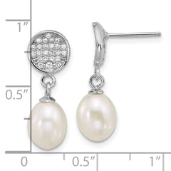Sterling Silver Rhodium-plated 6-8mm Teardrop White Freshwater Cultured Pearl and Pave CZ Dangle Post Earrings
