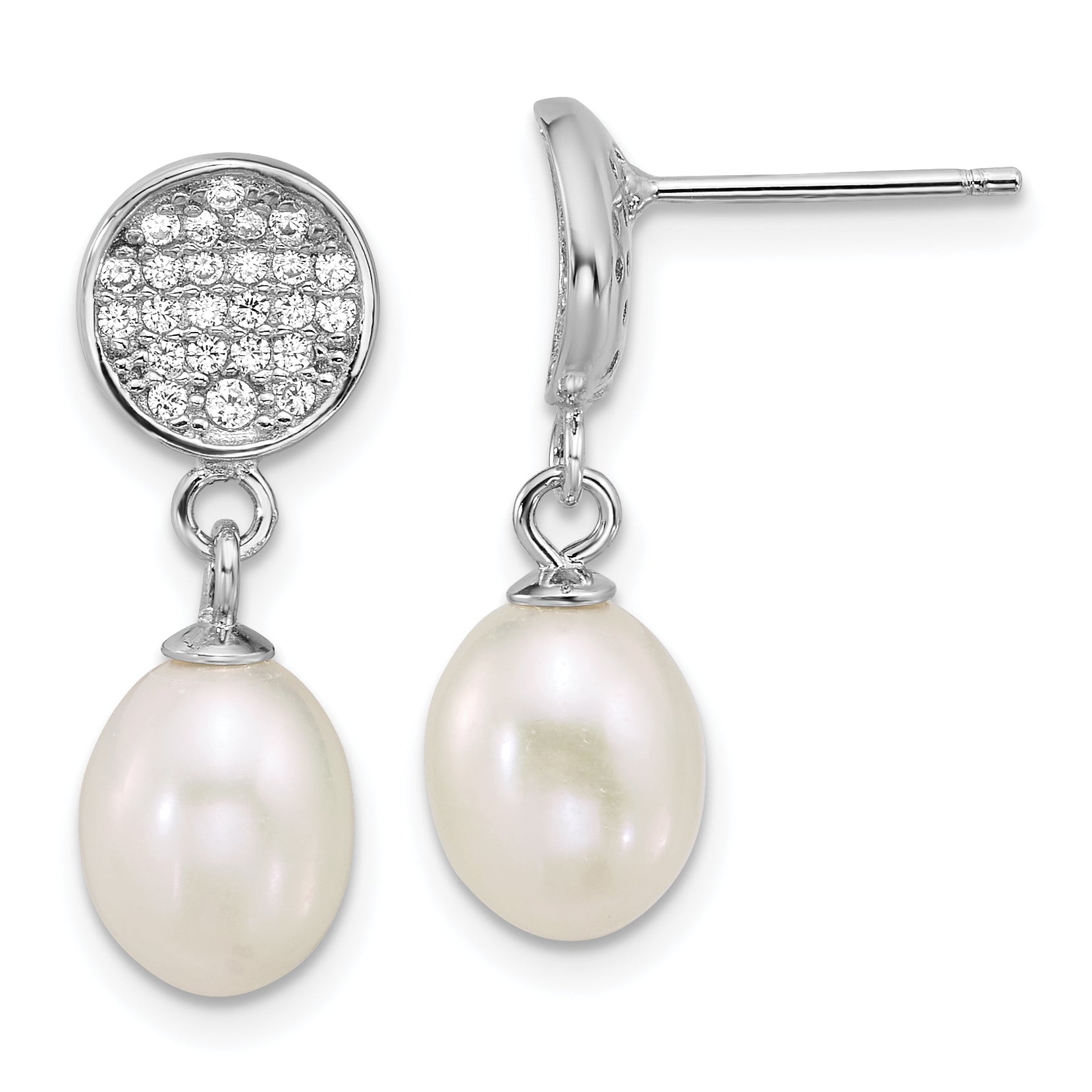 Sterling Silver Rhodium-plated 6-8mm Teardrop White Freshwater Cultured Pearl and Pave CZ Dangle Post Earrings Main image