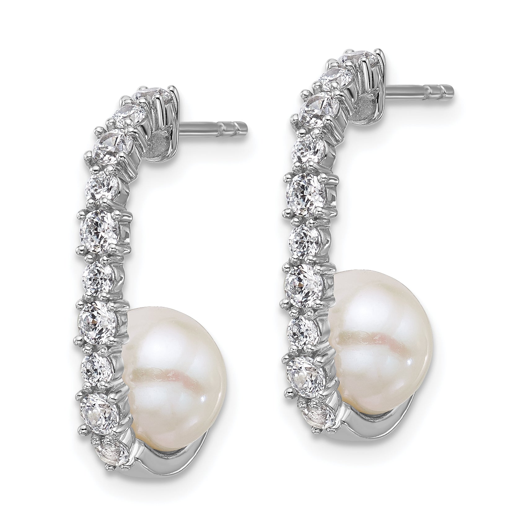Sterling Silver Rhodium-plated Polished CZ and 7-8mm Round White Freshwater Cultured Pearl J-Hoop Post Earrings Secondary image